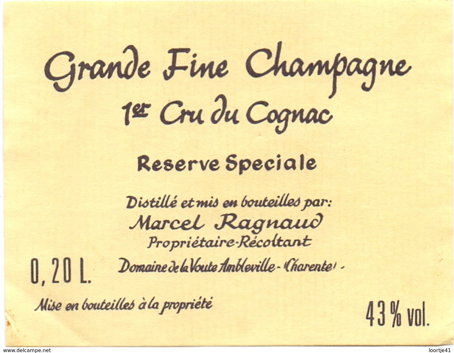 Etiket Etiquette - Grande Fine Champagne - 1° Cru Du Cognac - 0.20 L. - Autres & Non Classés