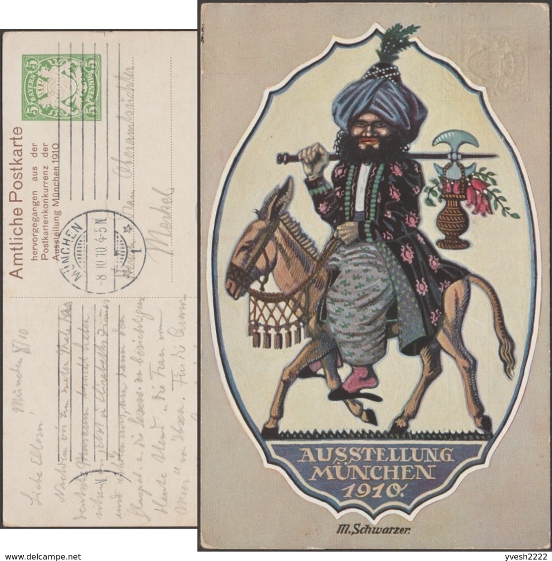 Bavière 1910. Entier Timbré Sur Commande. Expo De Munich. Indien Enturbanné Sur Un âne. Babouches - Ezels