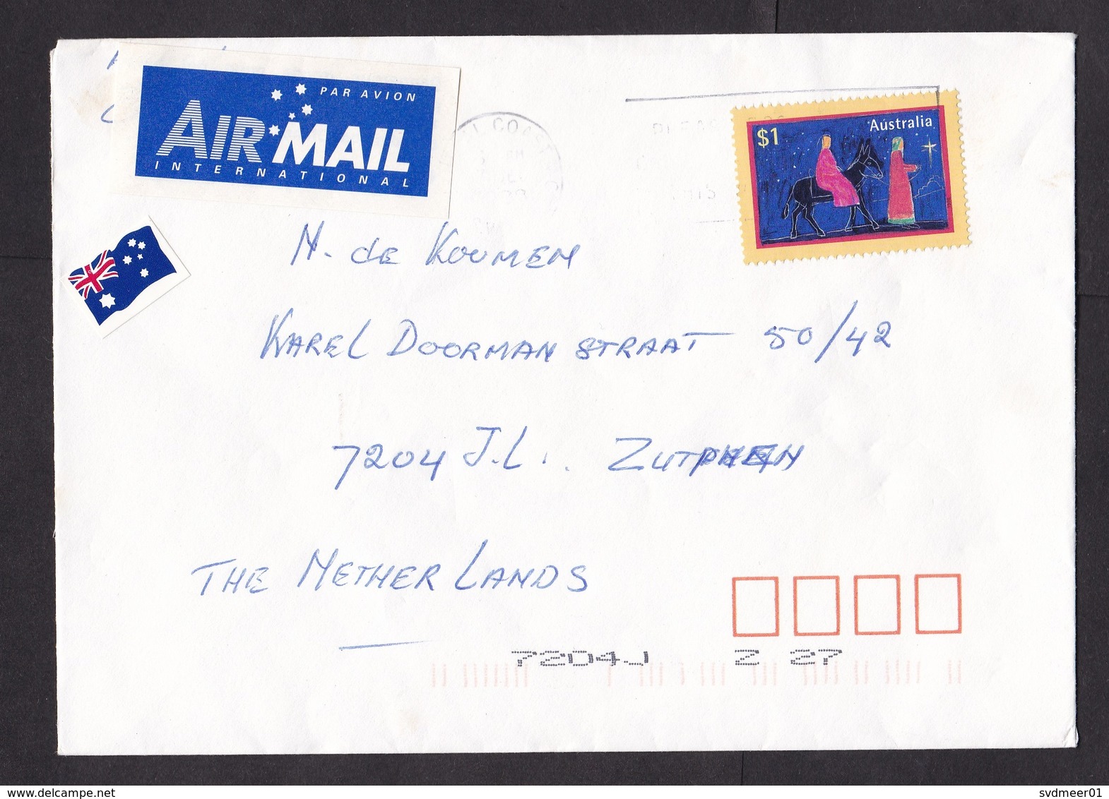 Australia: Airmail Cover To Netherlands, 1998, 1 Stamp, Christmas, Air Label (minor Crease) - Brieven En Documenten