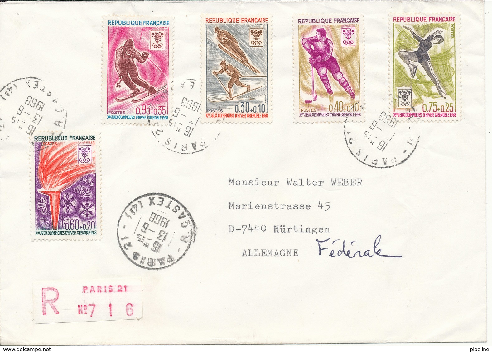France Registered Cover Sent To Germany Paris 13-6-1968 With Complete Set Of 5 Winter Olympic Grenoble - Covers & Documents