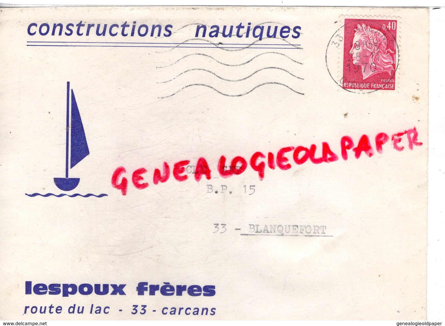 33 - CARCANS - BLANQUEFORT - ENVELOPPE LESPOUX FRERES -CONSTRUCTIONS NAUTIQUES-1970-ROUTE DU LAC - Sports & Tourism