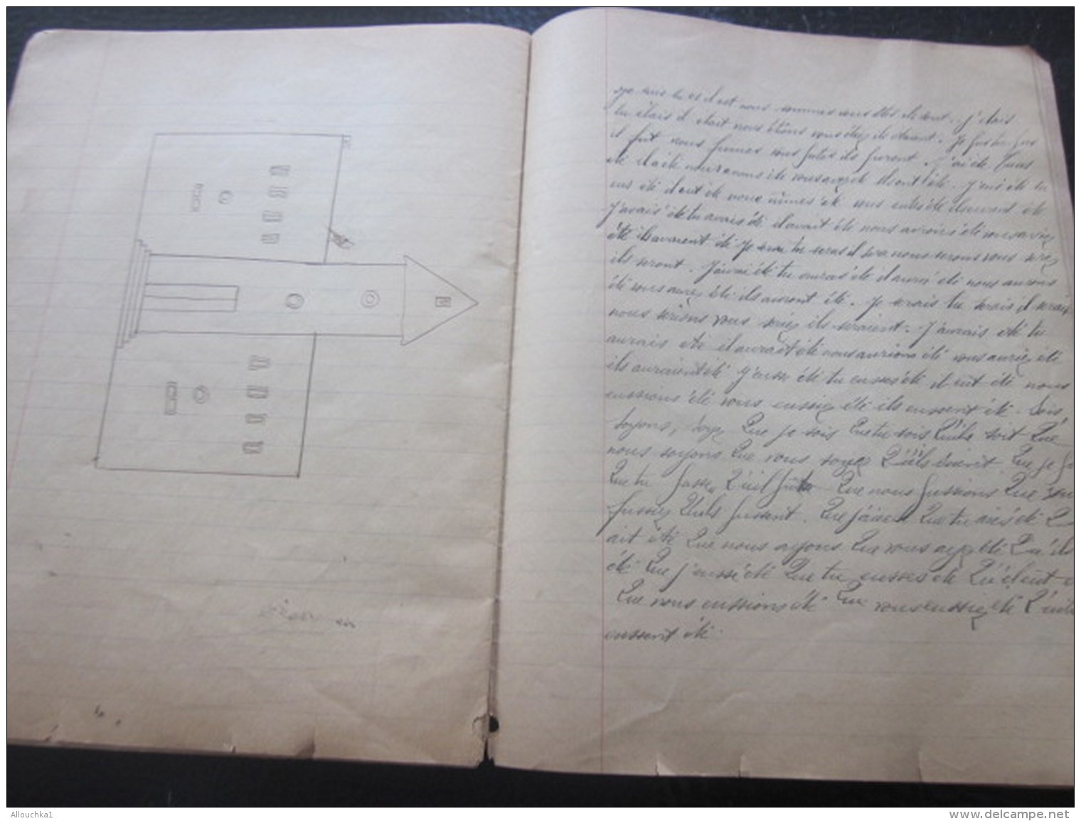 1944 Marseille Cahier d&rsquo;école Manuscrit d&rsquo;écolier Apprentissage écriture Porte Plume à encre dessins au cray