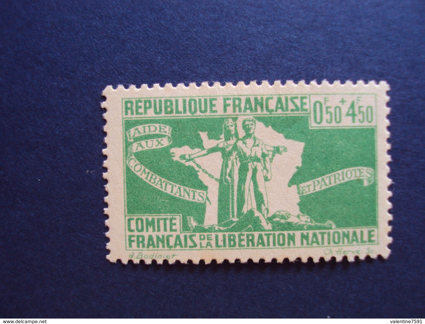 1943-Timbre Neuf N°60  - C.F.L.N. "0.50+4.50f Vert- Cote  1.50 Net 0.50 - Libération