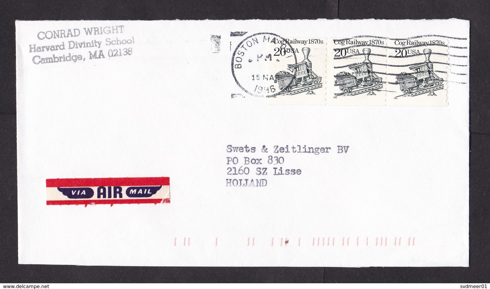 USA: Airmail Cover To Netherlands, 1996, 3 Stamps, Cog Railway, Train, Steam Engine (air Label Damaged) - Brieven En Documenten