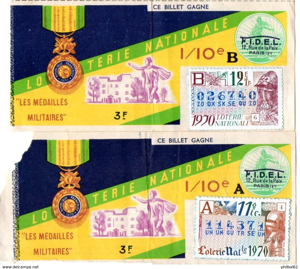 2 Billets De Loterie Nationale Les Médaillés Militaires 1970 - Billets De Loterie