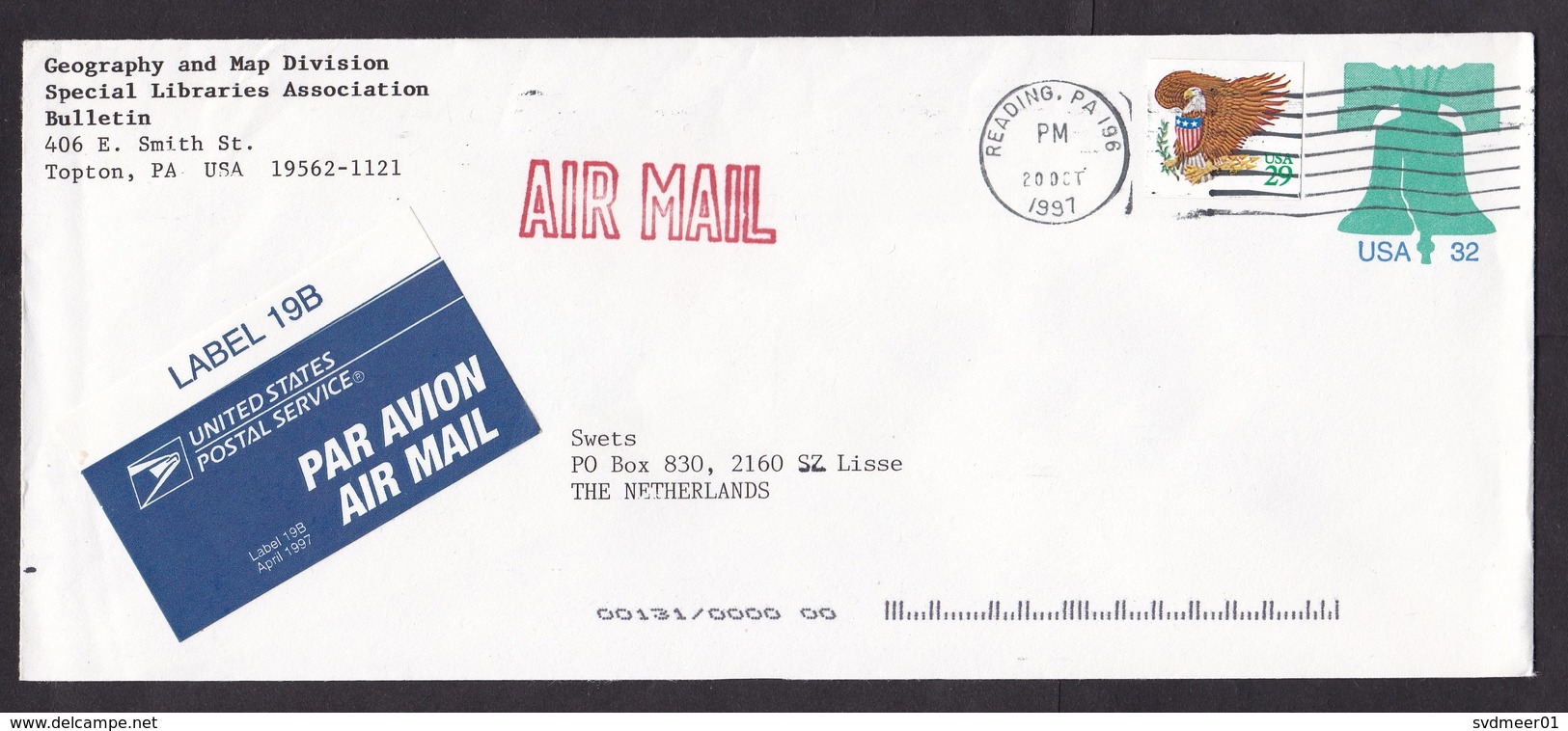 USA: Airmail Stationery Cover To Netherlands, 1997, Extra Stamp, Eagle, Imperforated, Air Label With Tab (traces Of Use) - Briefe U. Dokumente