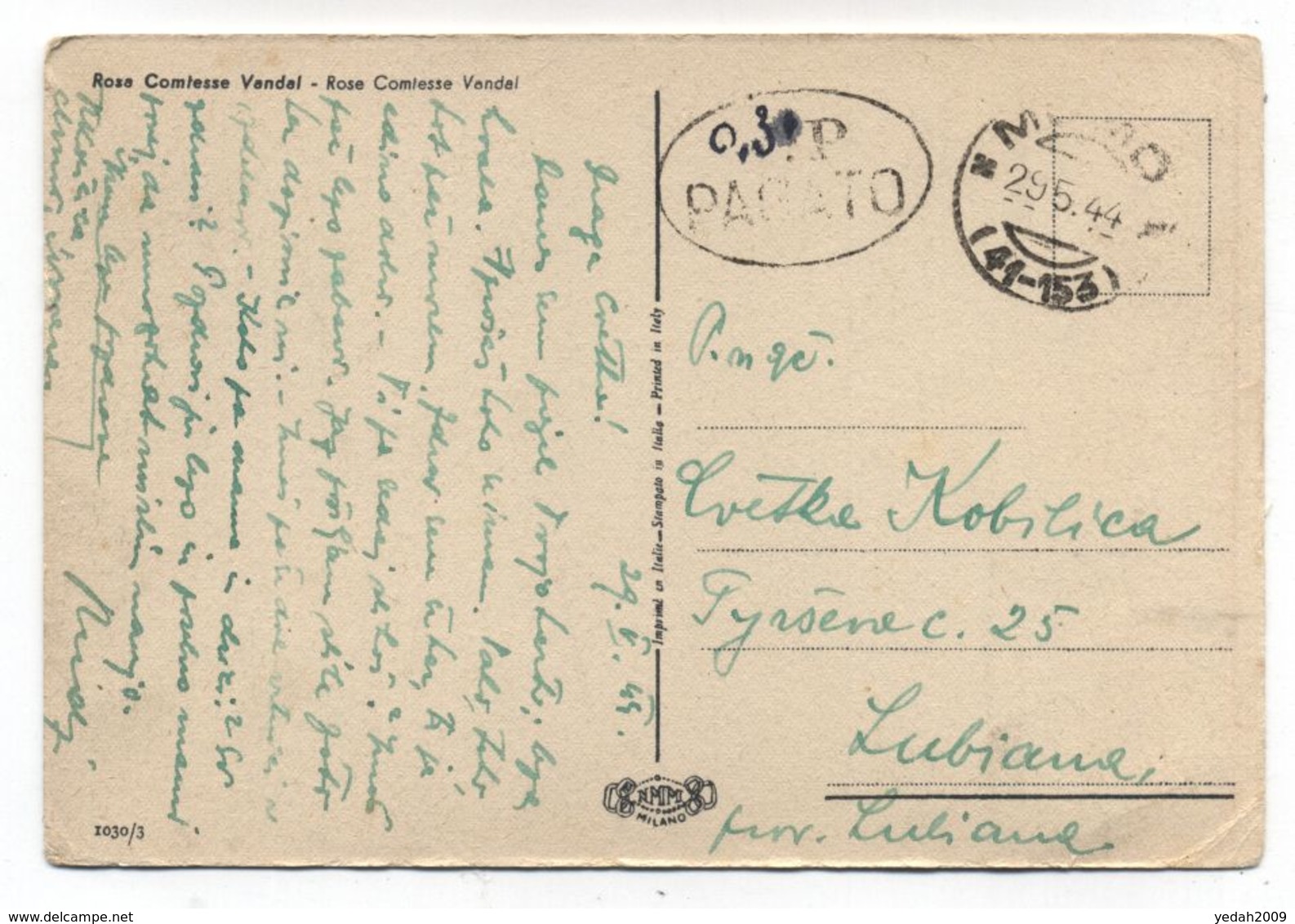 Italy STAMPLESS PAGATO POSTCARD OCCUPATION TO LUBIANA 1944 - Sonstige & Ohne Zuordnung