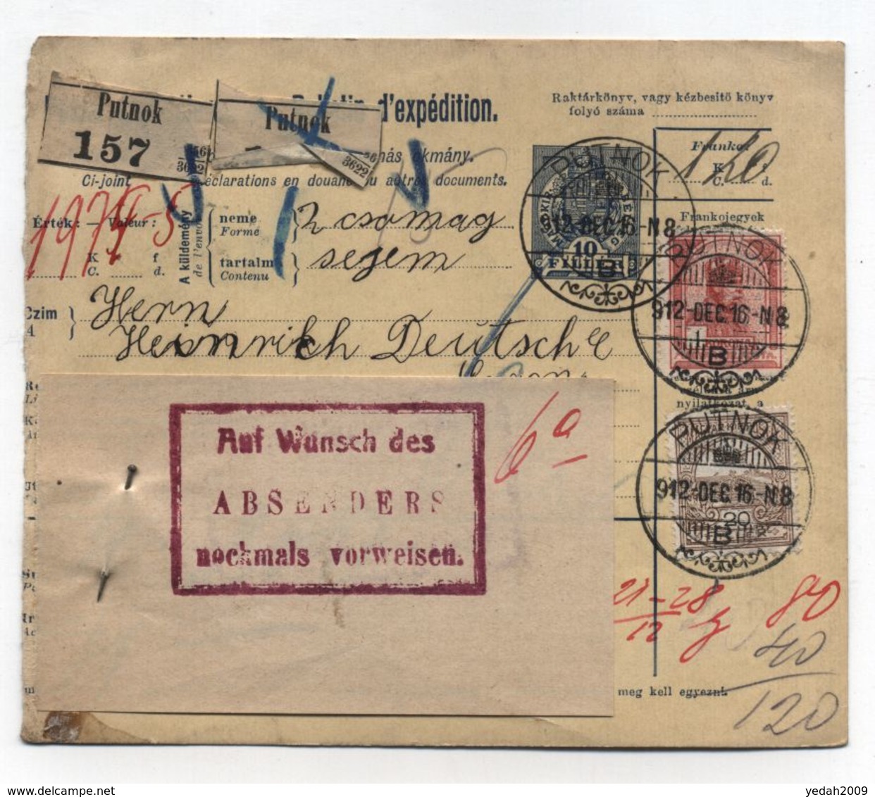 Hungary PUTNOK PARCEL CARD TO Austria 1912 - Paketmarken