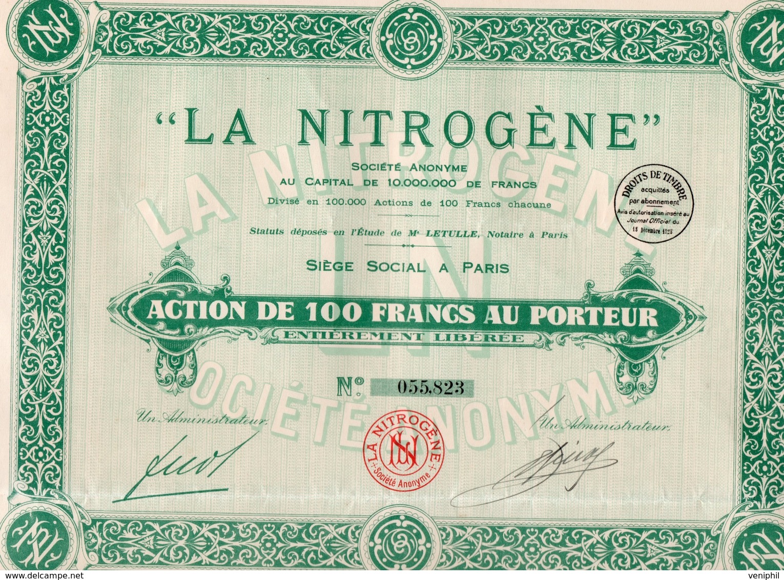 "LA NITROGENE" - ACTION DE 100 FRANCS -ANNEE 1928 - Electricité & Gaz