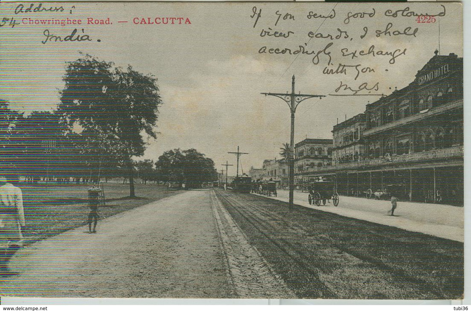 CALCUTTA - CHOWRINGHEE  ROAD - WHITE / BLACK POSTCARD, TRAVELED 1901, FOR ITALY, SIENA, TONDORIQUADRATO STAMP, ANIMATED, - India