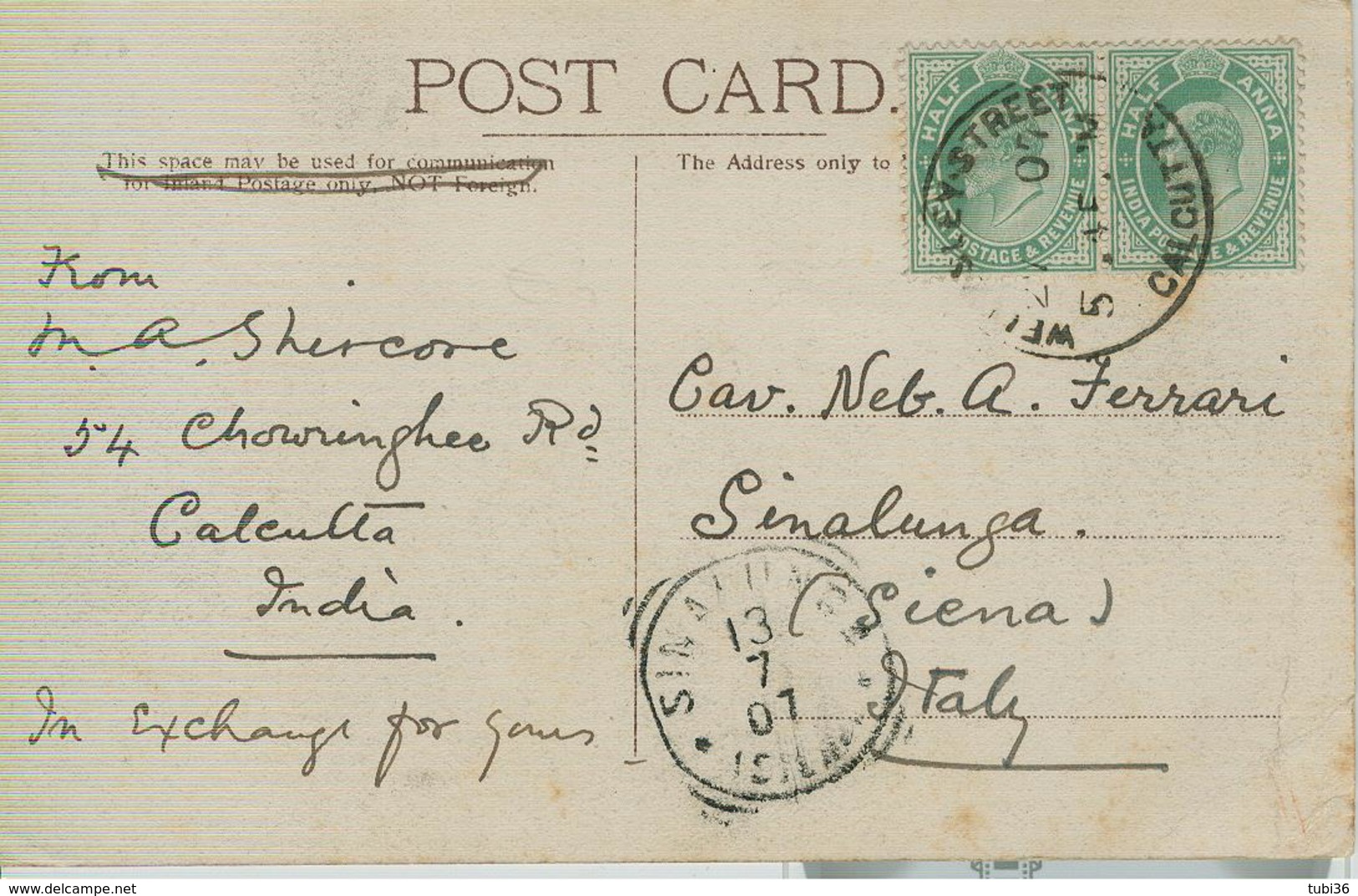 CALCUTTA - CHOWRINGHEE  ROAD - WHITE / BLACK POSTCARD, TRAVELED 1901, FOR ITALY, SIENA, TONDORIQUADRATO STAMP, ANIMATED, - India