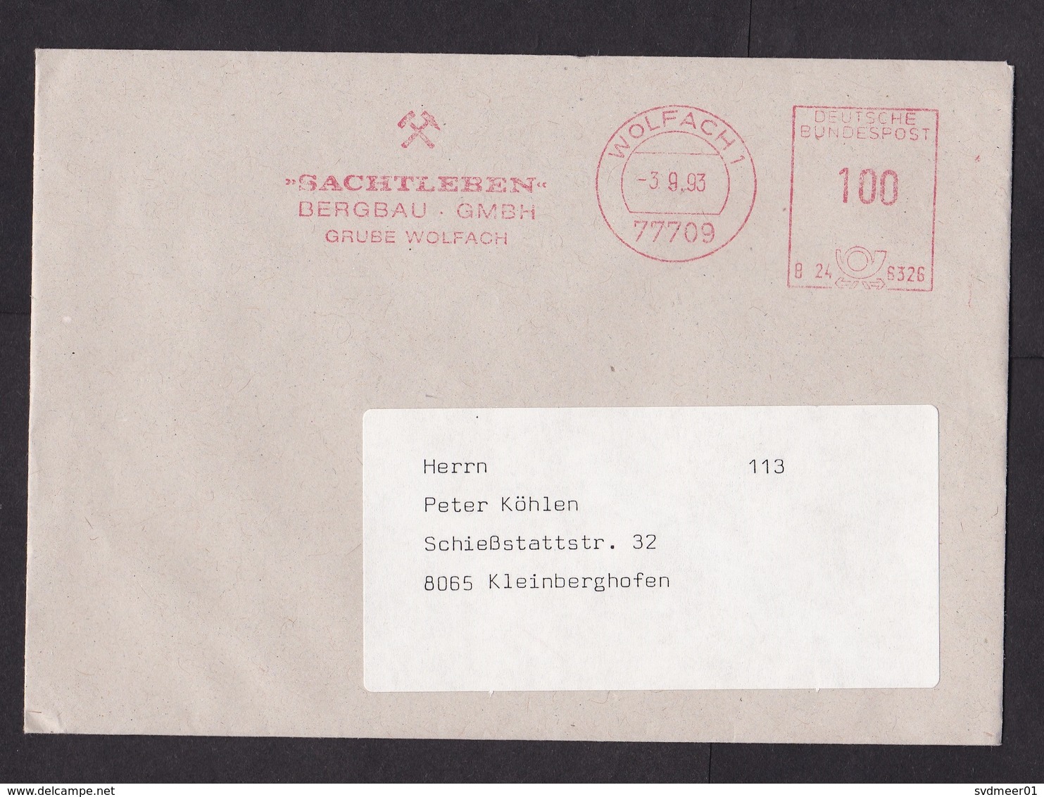 Germany: Cover, 1993, Meter Cancel, Sachtleben Mining Company, Mine Industry (traces Of Use) - Brieven En Documenten