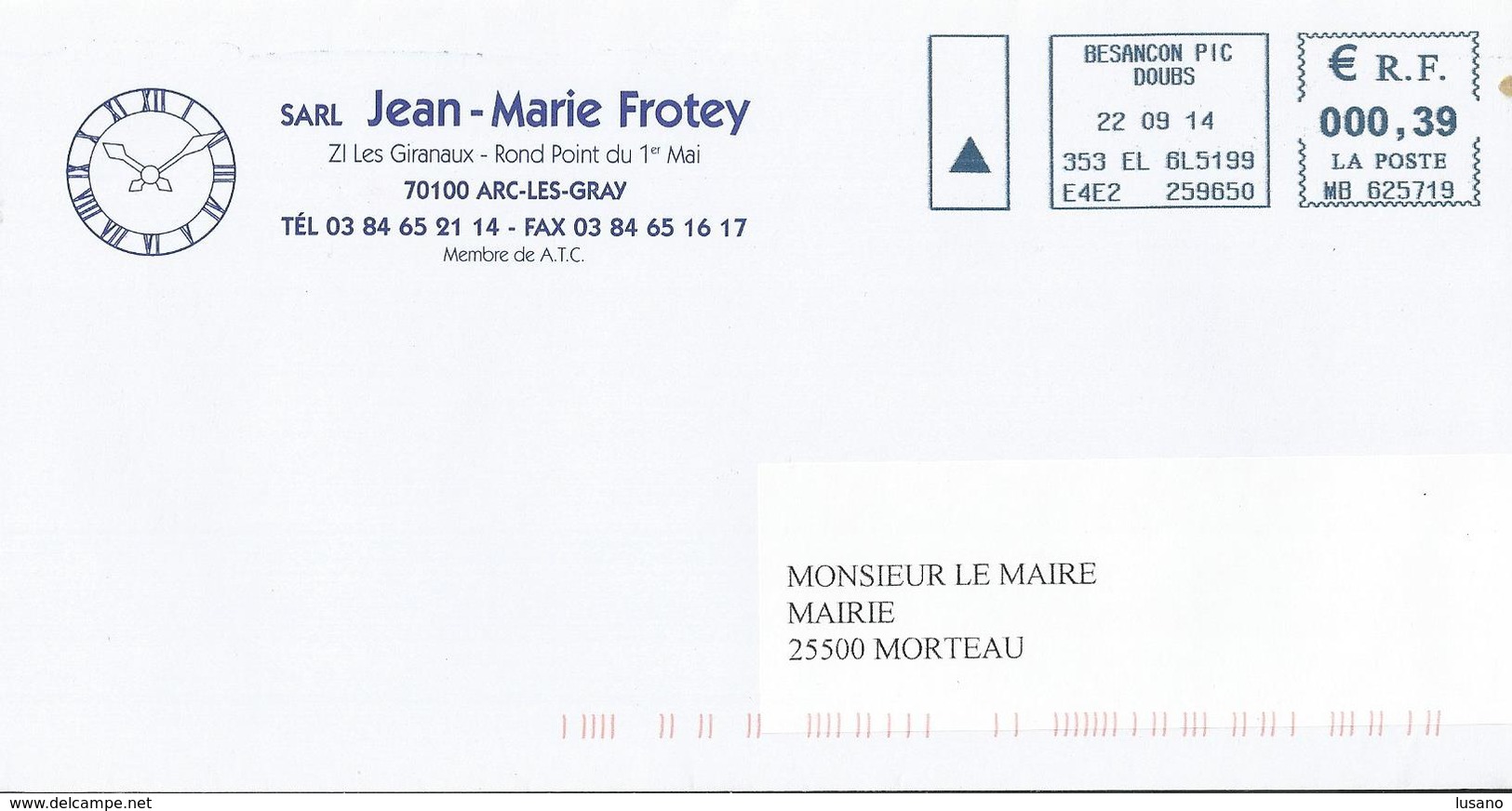 Enveloppe Avec Entête Jean-Marie Frotey (installation Et Réparations D'horloges Publiques) - Horlogerie