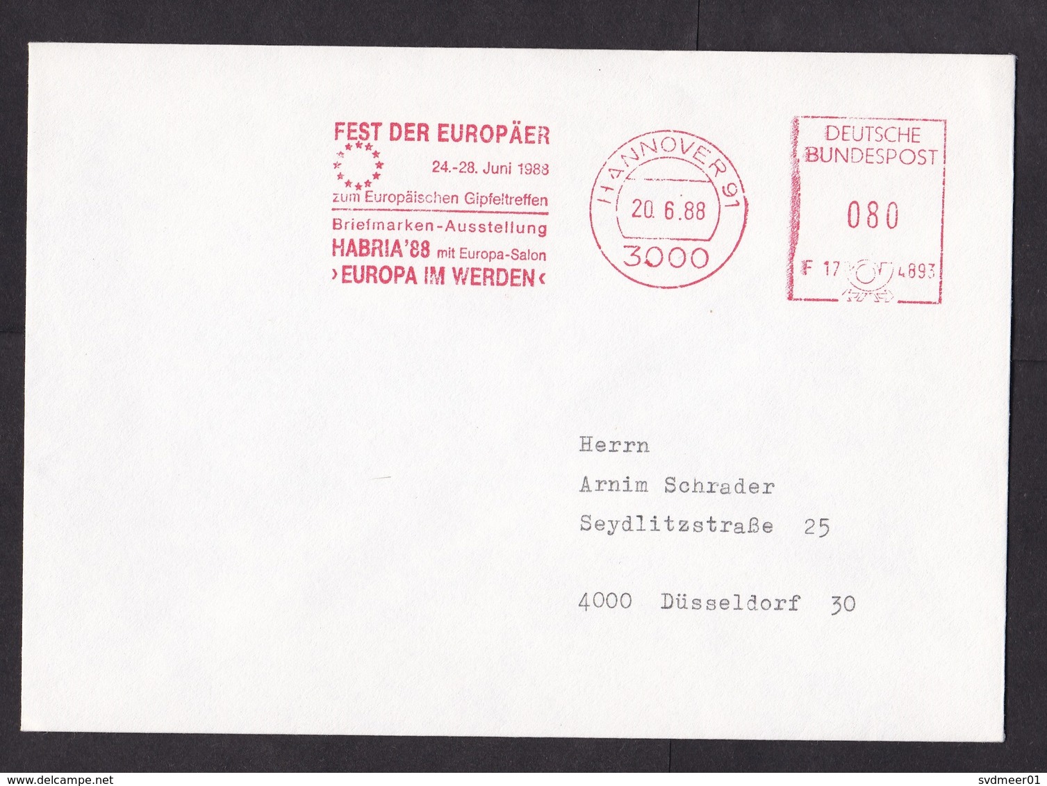 Germany: Cover, 1988, Meter Cancel, Europe Festival During European Union Summit, EU (traces Of Use) - Brieven En Documenten