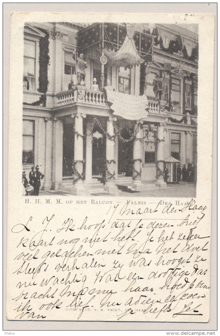 Nederland - 1899 - 3 Cent Hangend Haar Op Ansicht Van Den Haag Naar Amsterdam - Hare Majesteit Op Balkon Paleis Den Haag - Covers & Documents