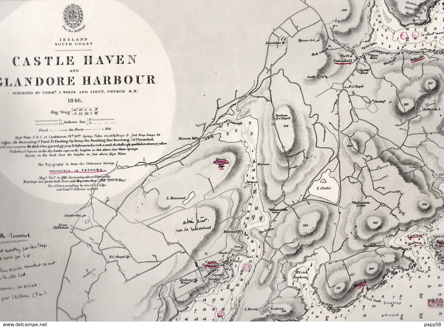 Cartes Marines Service Hydrographie De La Marine Irlande 1846 Castle Haven And Glandore Harbour Carte Annotée - Cartes Marines