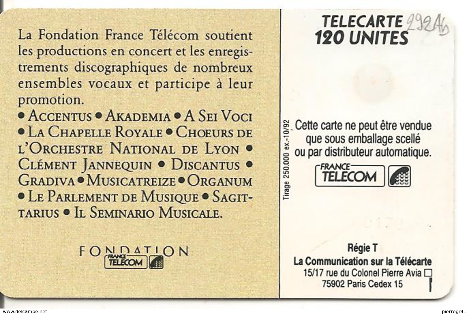 CARTE-120U -F292A.529-SC5-Sans Trou-10/92-MUSIQUE VOCAL-R°Brillant-V° N°5 Ge 00178-2 Zéro ENVERS-UTILISE-TBE- - 1992