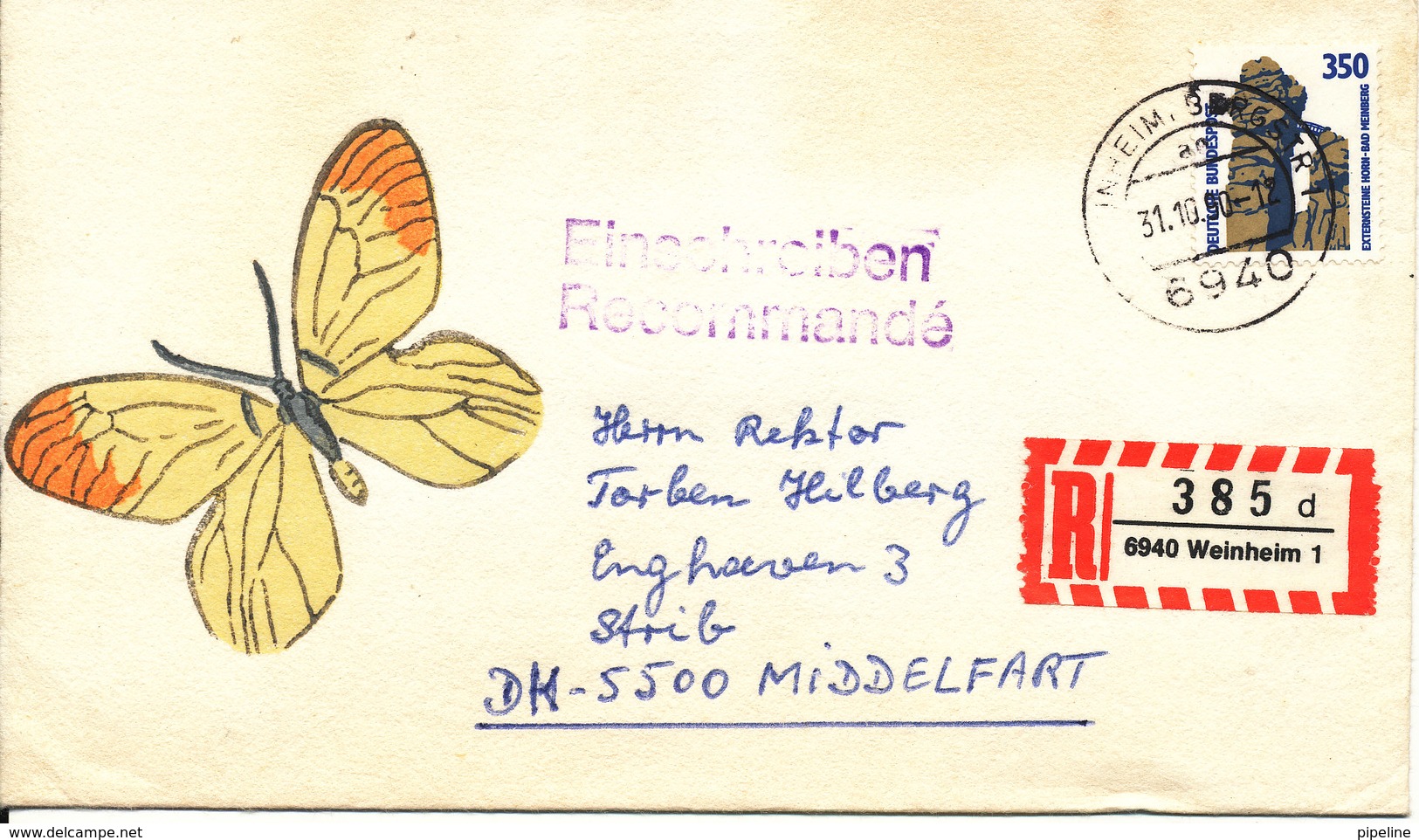 Germany Registered Cover Sent To Denmark 31-10-1990 Single Franked - Covers & Documents