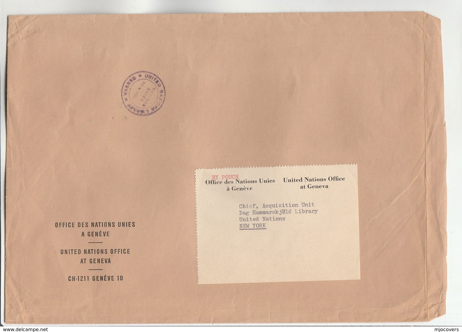 1970s UN GENEVE LIBRARY Via DIPLOMATIC BAG 'Pouch' With UNITED NATIONS GENEVE ADDRESS LABEL To UN NY LIBRARY USA Cover - UNO