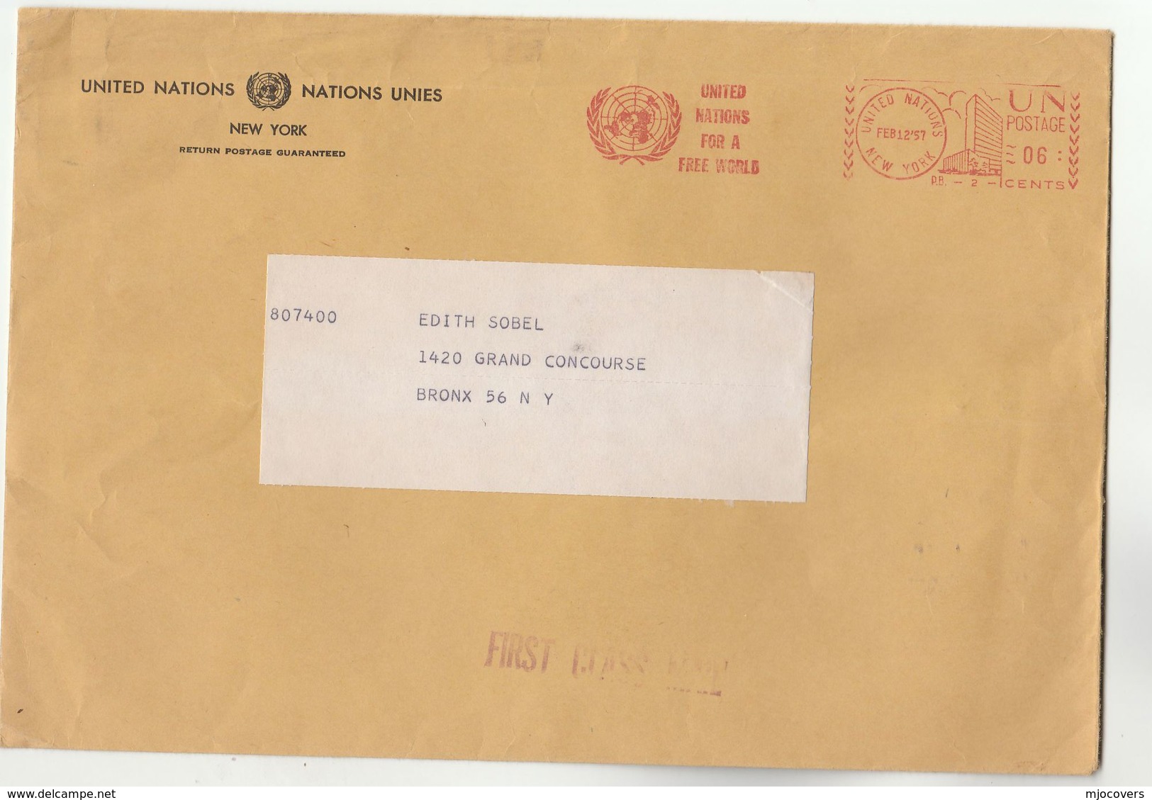 1957 'UNITED NATIONS FOR A FREE WORLD' Cover METER Slogan Stamps UN NY USA - Briefe U. Dokumente