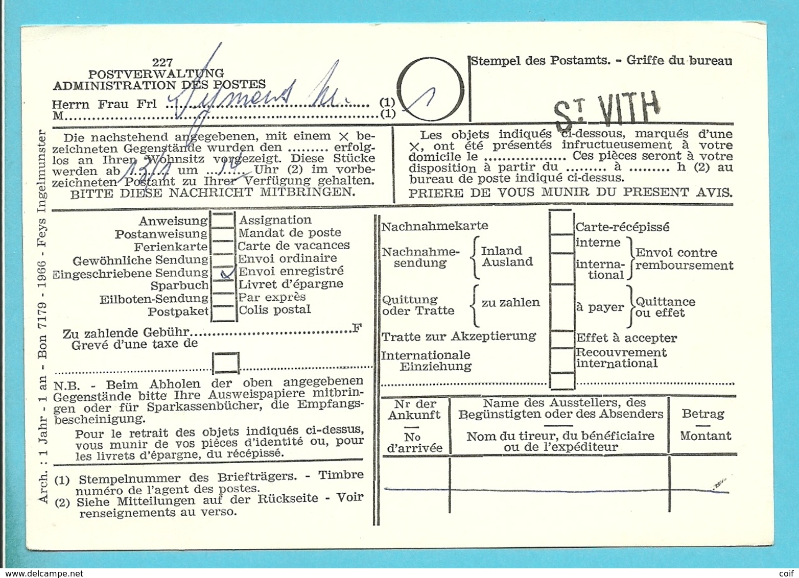 POSTVERWALTUNG Met Naamstempel (Griffe) ST-VITH (Rare Dokument Duits/Franse Tekst !!!!) - OC55/105 Eupen & Malmédy