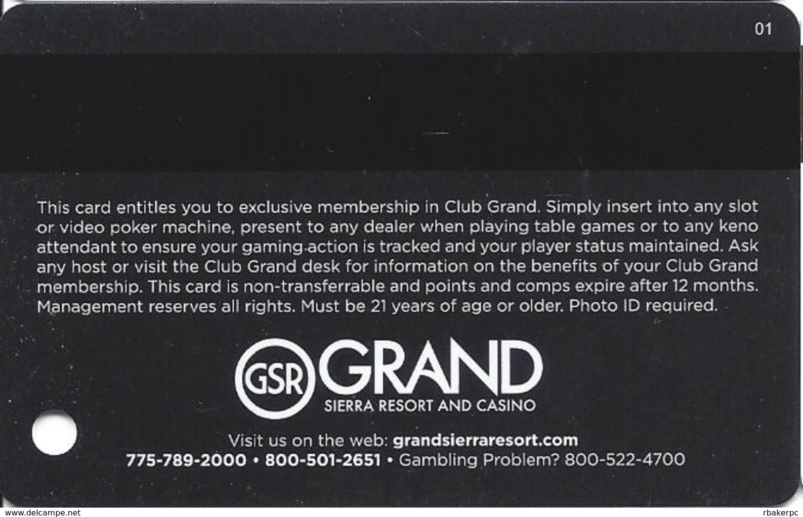 Grand Sierra Casino - Reno, NV - Slot Card With 01 Over Mag Stripe - Casino Cards