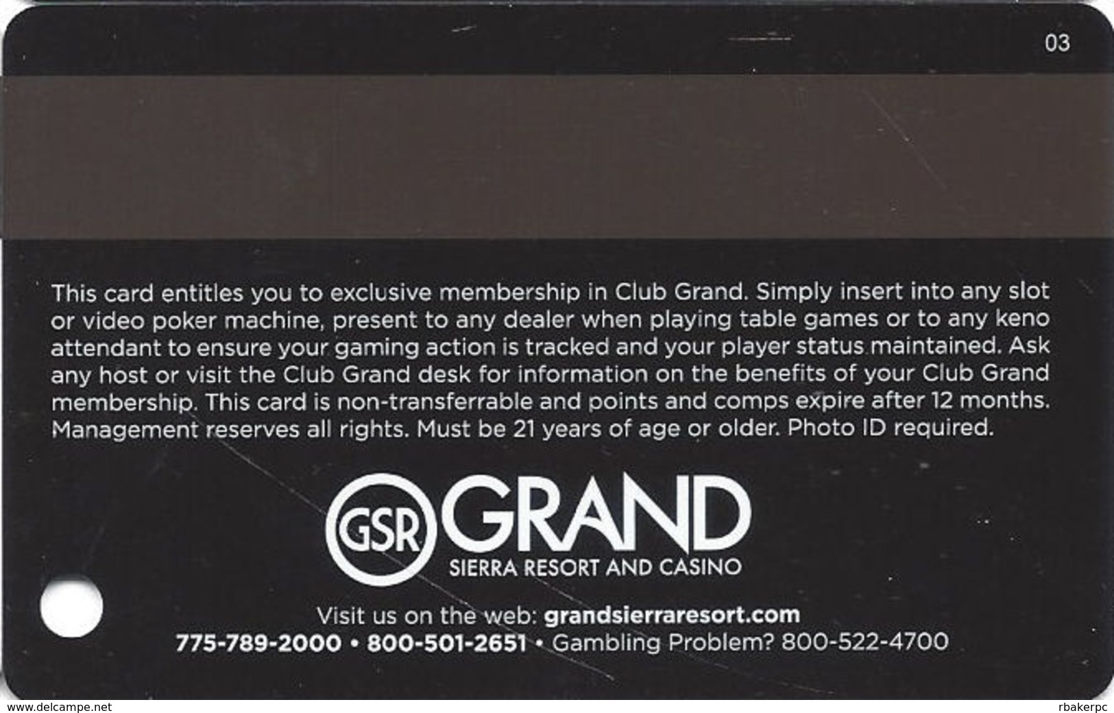 Grand Sierra Casino - Reno, NV - Slot Card With 03 Over Mag Stripe - Casino Cards
