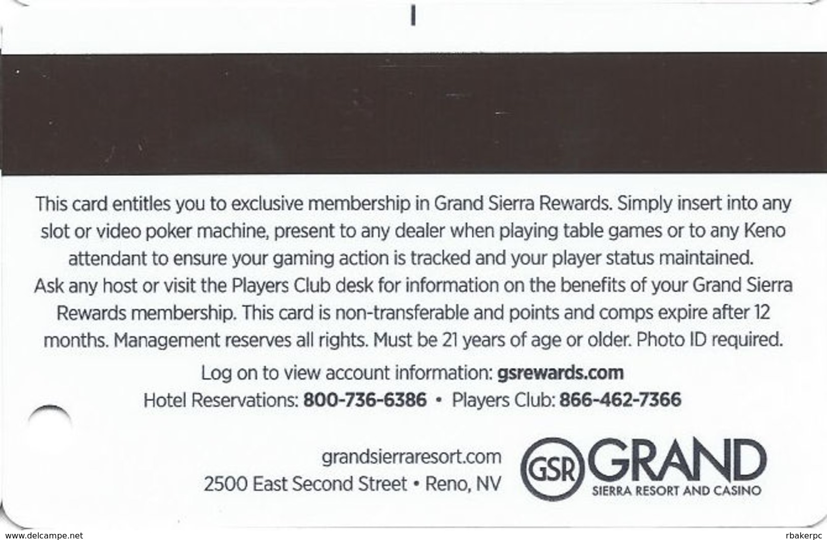 Grand Sierra Casino - Reno, NV - Slot Card - Casino Cards