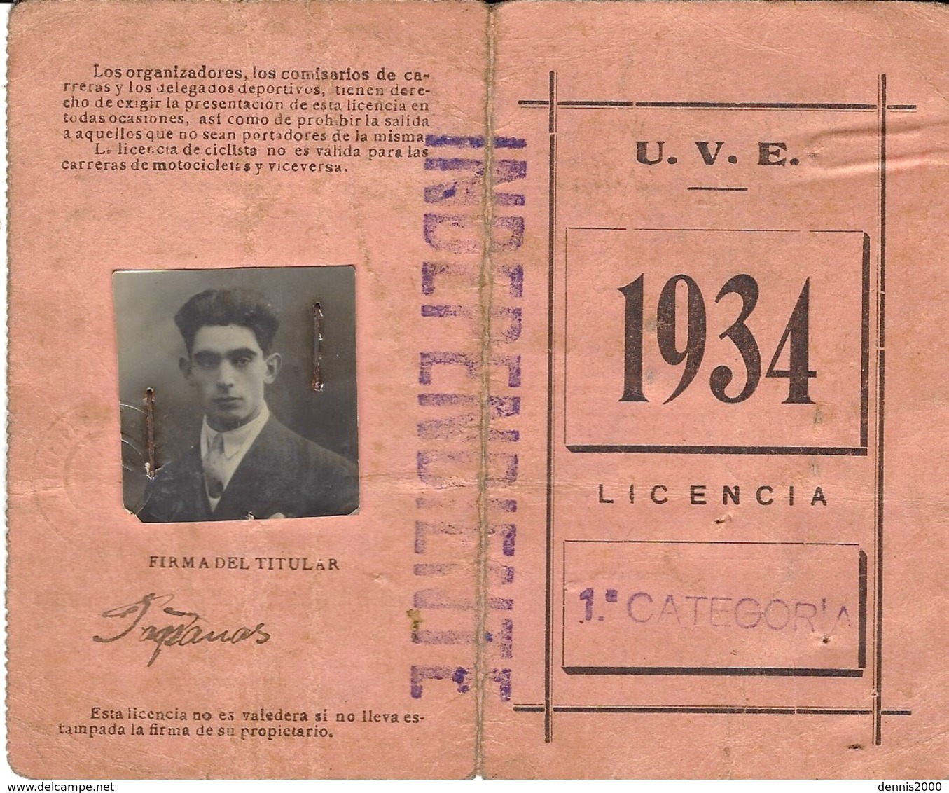 1934- Union Velocipédica Espagnola   - Licencia N°17 - Lettres & Documents