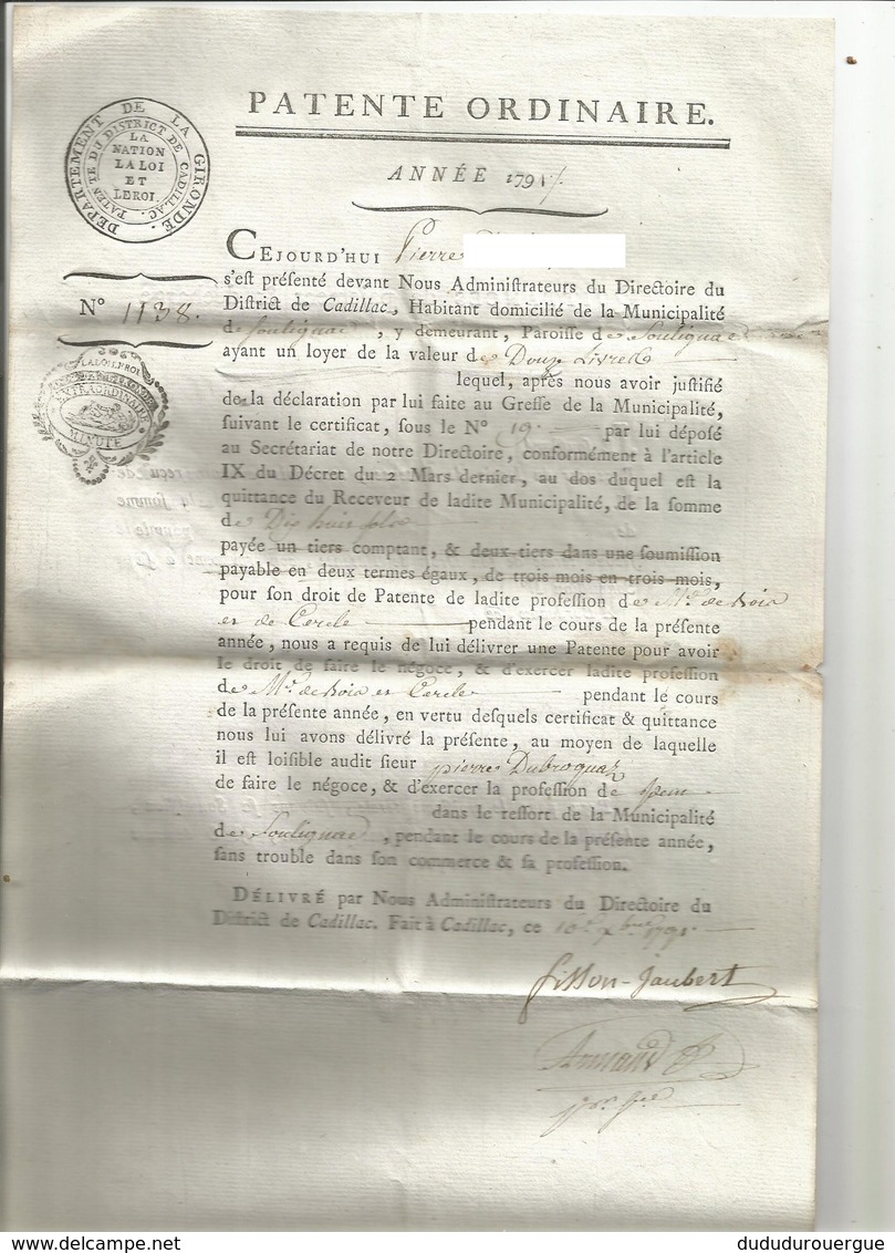 DISTRICT DE CADILLAC , COMMUNE DE SOULIGNAC : PATENTE ORDINAIRE 1791 - ... - 1799