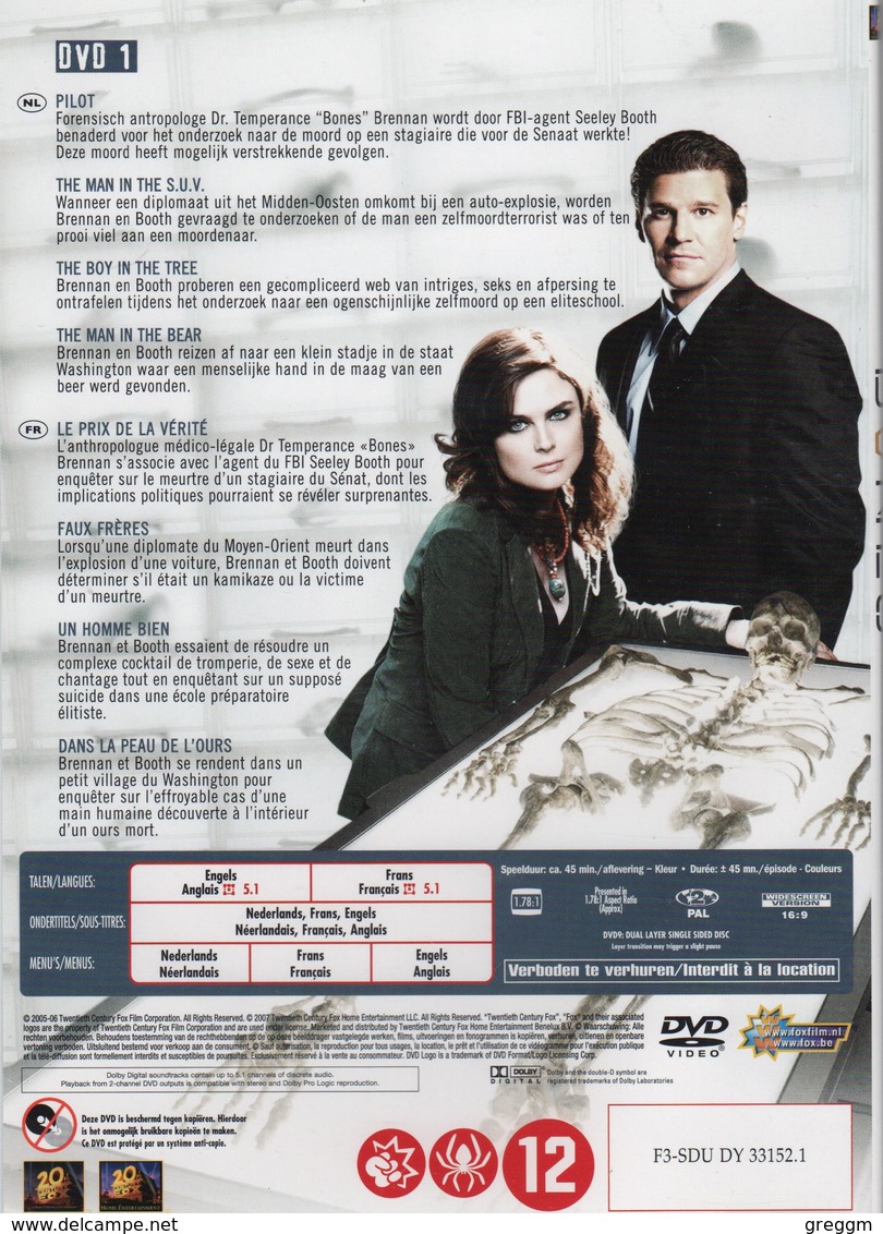 Bones Season 1 Import Box Set 920 Minutes Plus Bonus Viewing Contains All 22 Episodes. - Policiers