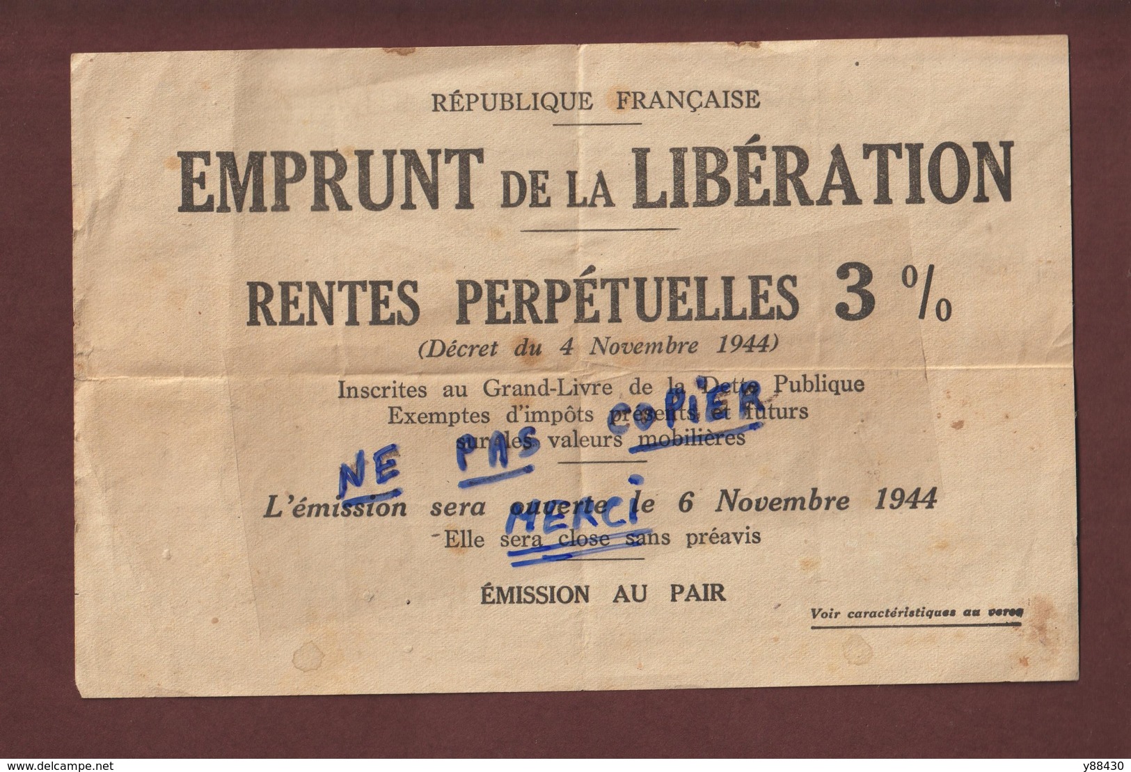 EMPRUNT DE LA LIBERATION - Emission Ouverte Le 6 Novembre 1944 -  Rentes Perpétuelles 3 %  -  Voir Les 2 Scannes - Industrie