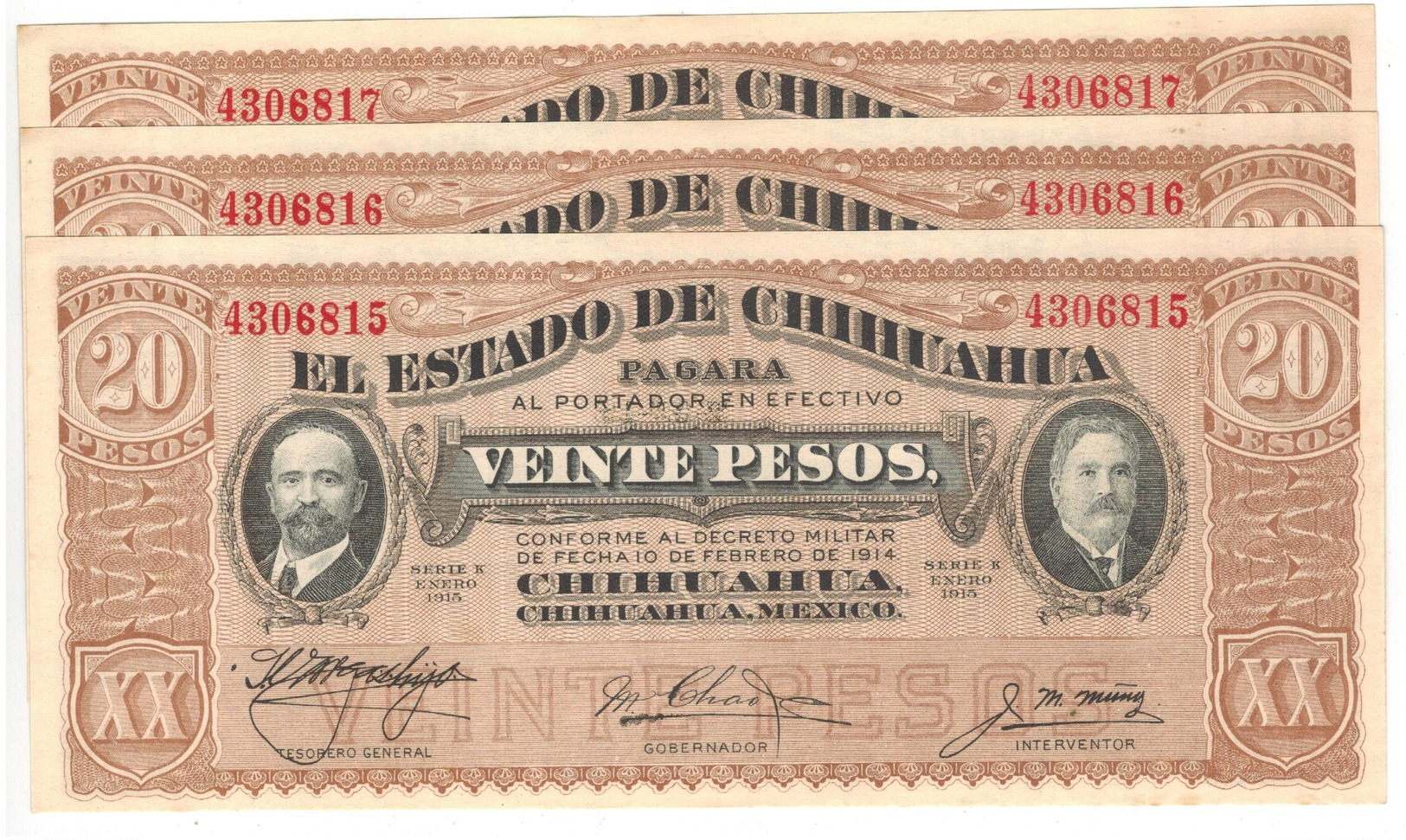 Mexico Estado De Chihuahua, 20 Pesos  X3 Consec. Numbers. UNC - Mexico