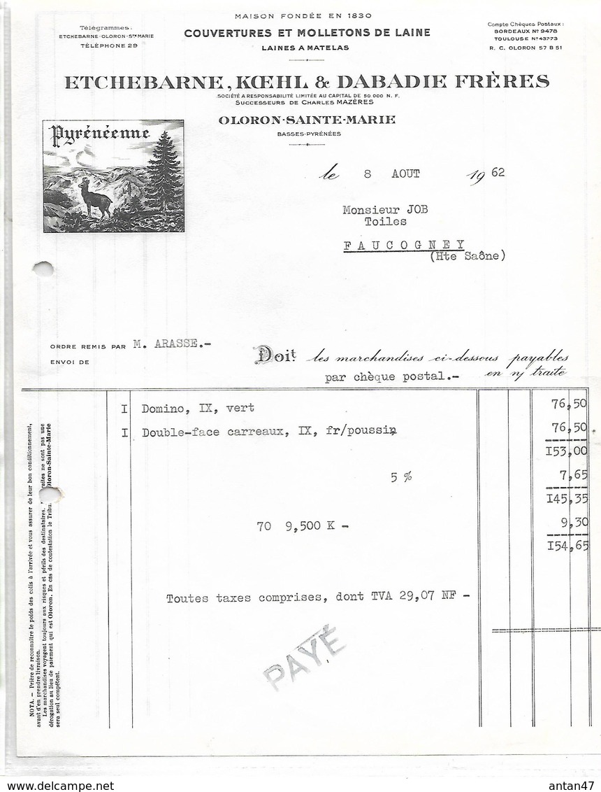 Facture 1962 / 64 OLORON-SAINTE-MARIE / ETCHEBARNE KOEHL DABADIE / Couvertures Et Molletons Pyrénéennes - 1950 - ...