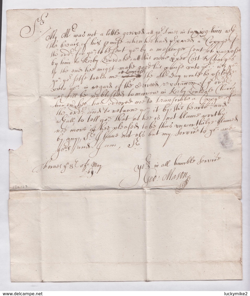 1669 Letter From "George Mason, Thornes (Kendal)" To "Edward Wilson, Dallam Tower (Cumbria)". With A Postcard.  Ref 0571 - Other & Unclassified