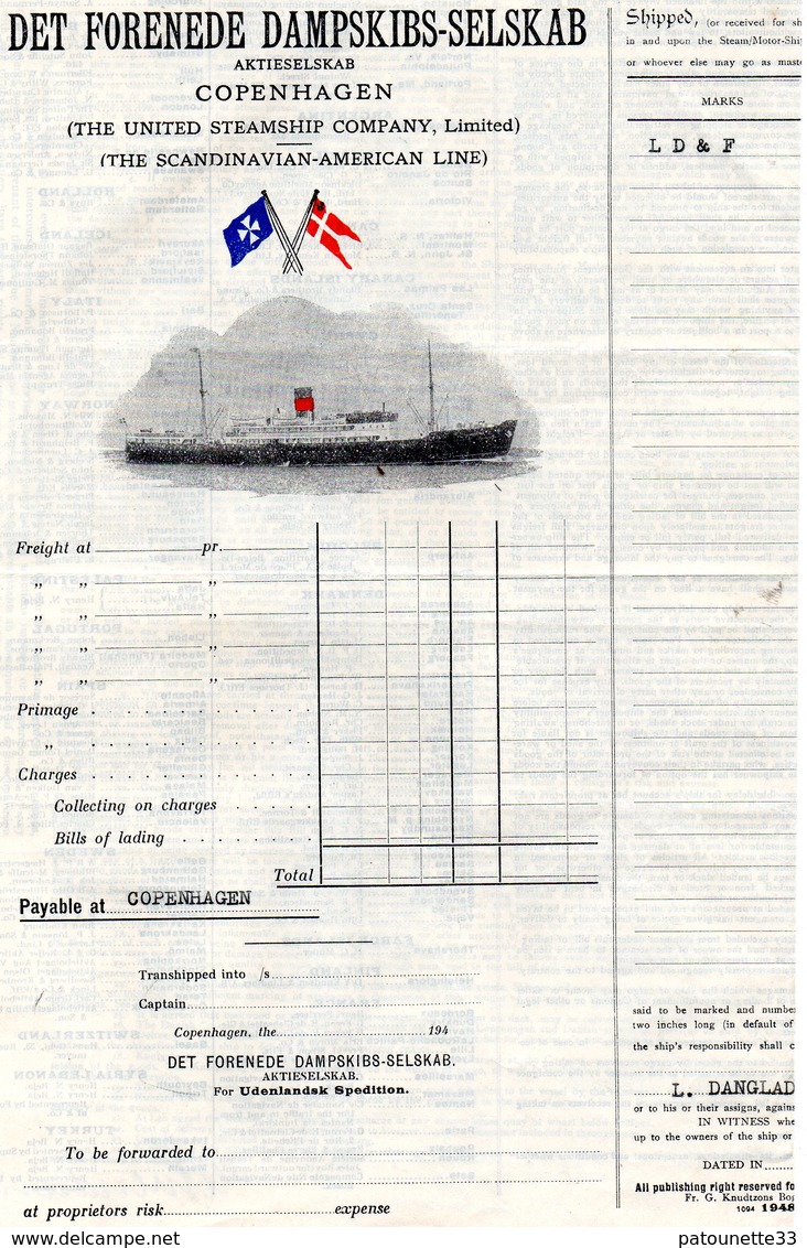 DANEMARK FACTURE ILLUSTREE DU 19/09/1951 SCANDINIAN AMERICAN LINE GEORG BESTLE POUR L DANGLADE & FILS LIBOURNE - Transports