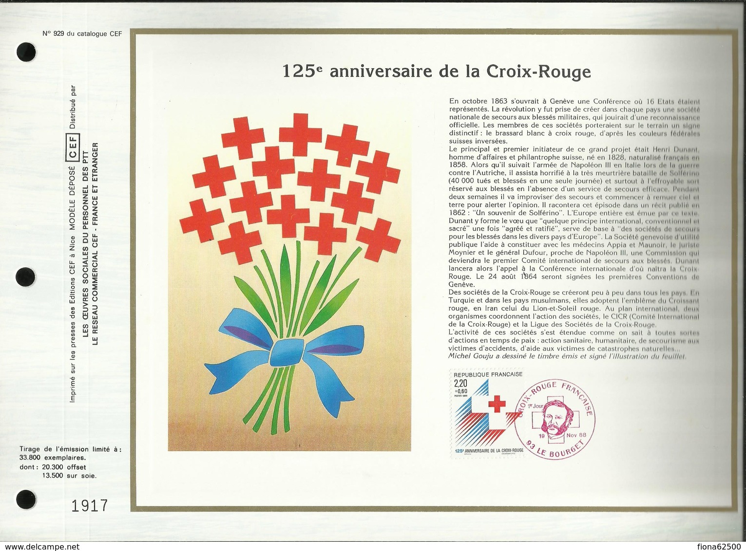 CEF N° : 929 . 125éme ANNIVERSAIRE DE LA CROIX - ROUGE . 19 NOVEMBRE 1988 . LE BOURGET . - 1980-1989