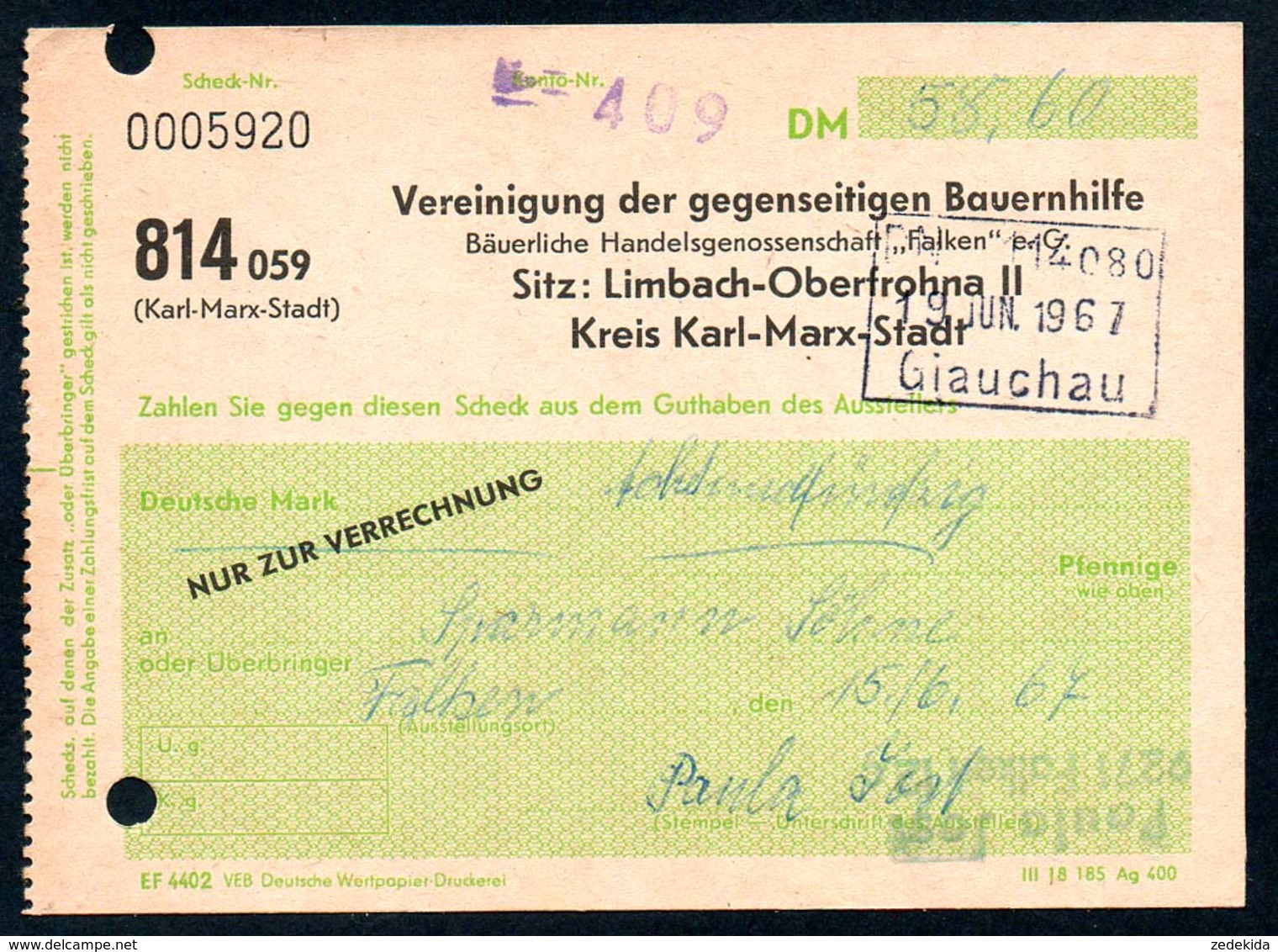 B5686 - Limbach Oberfrohna Kr. Karl Marx Stadt - Rechnung Quittung - Bauernhilfe Falken - Glauchau - 1950 - ...