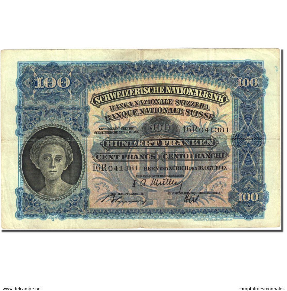 Billet, Suisse, 100 Franken, 1921-1928, 1947-10-16, KM:35u, TB - Suisse