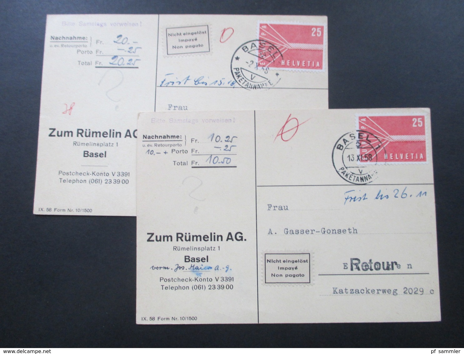 Schweiz 1958 2x Nr. 646 EF Auf Nachnahmekarten Retour / Nicht Eingelöst / Impaye / Non Pagato - Lettres & Documents