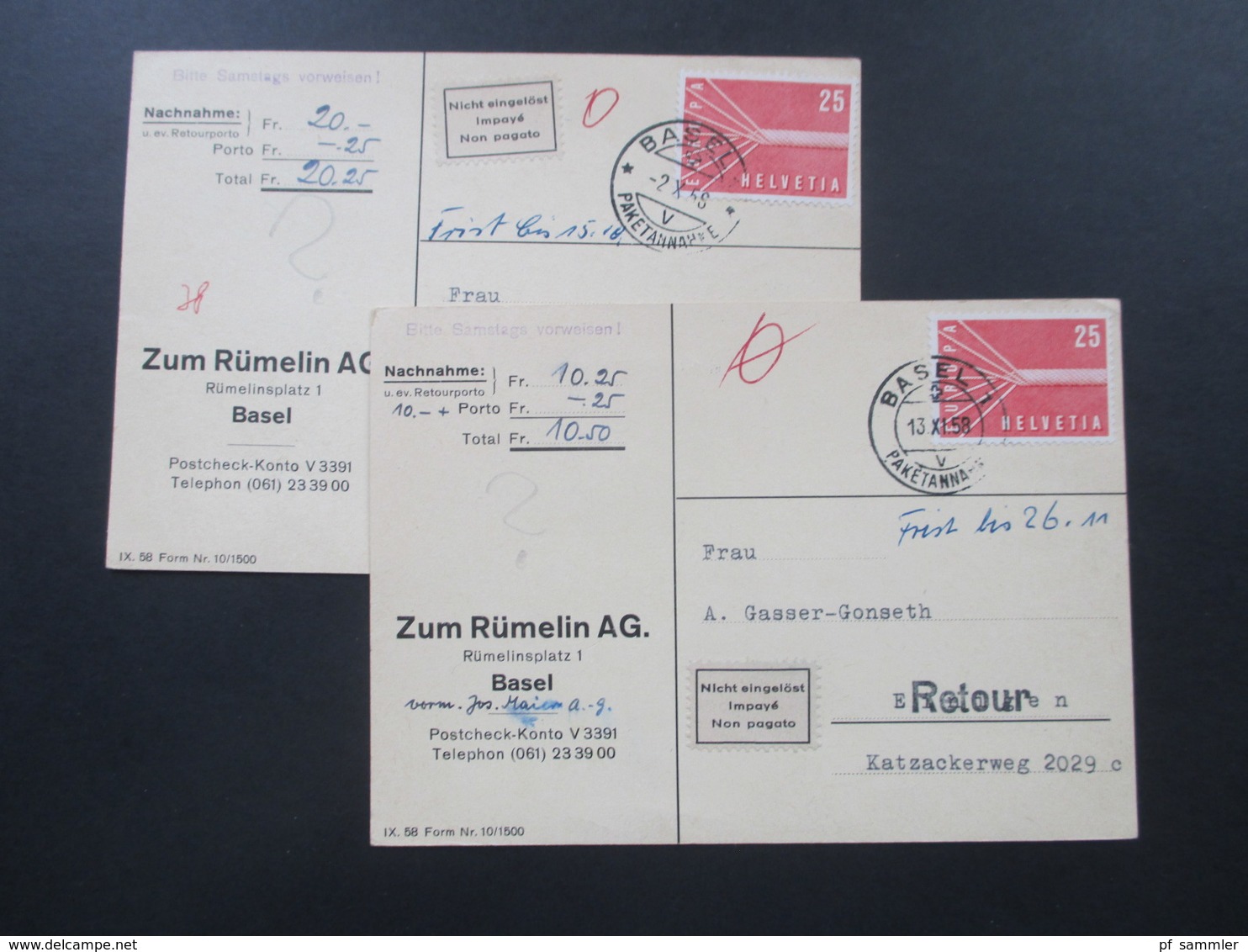 Schweiz 1958 2x Nr. 646 EF Auf Nachnahmekarten Retour / Nicht Eingelöst / Impaye / Non Pagato - Lettres & Documents