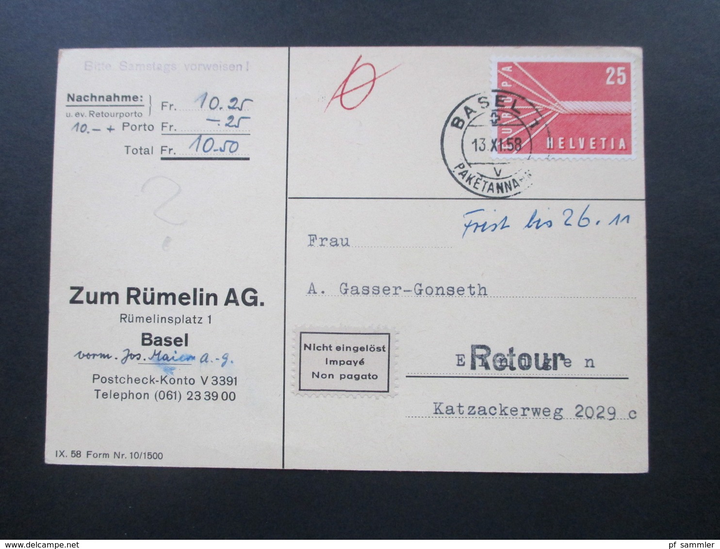 Schweiz 1958 2x Nr. 646 EF auf Nachnahmekarten Retour / Nicht eingelöst / impaye / Non pagato