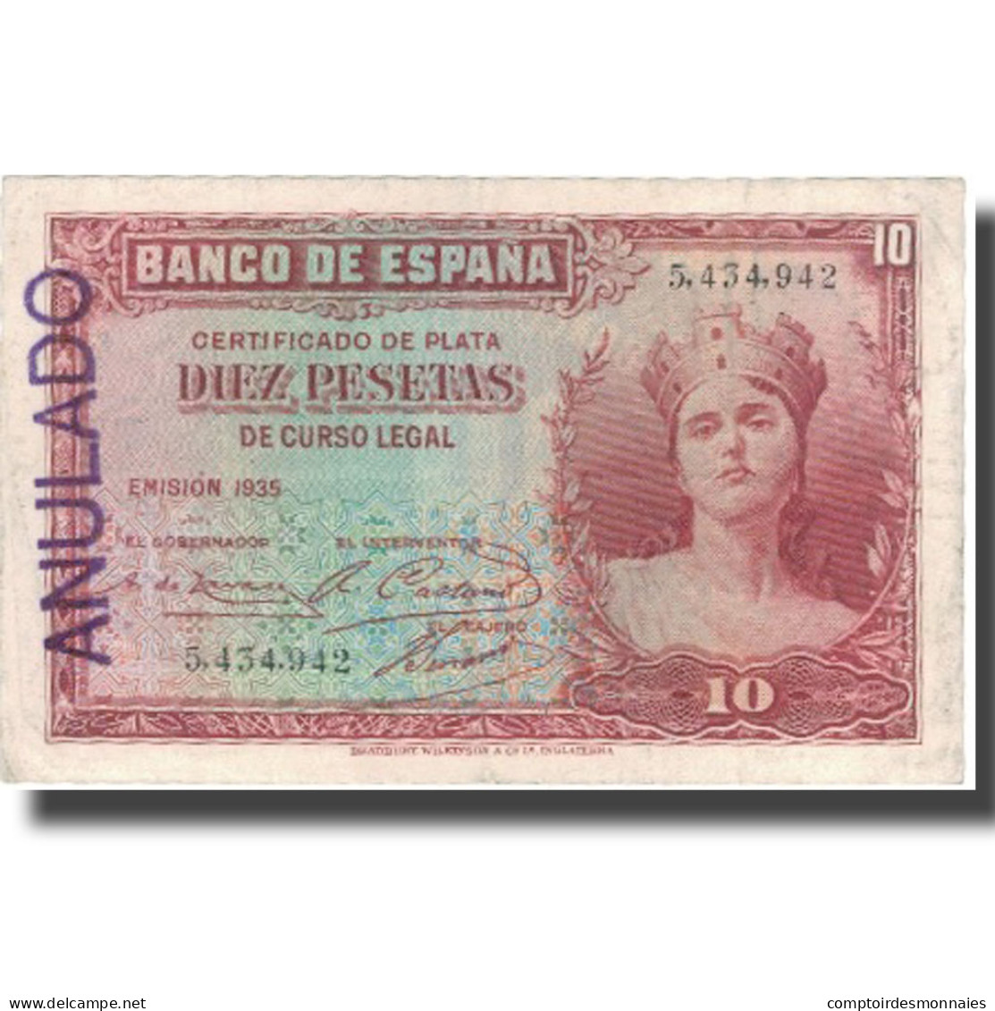 Billet, Espagne, 10 Pesetas, 1935, 1935, KM:86a, TTB - 10 Peseten