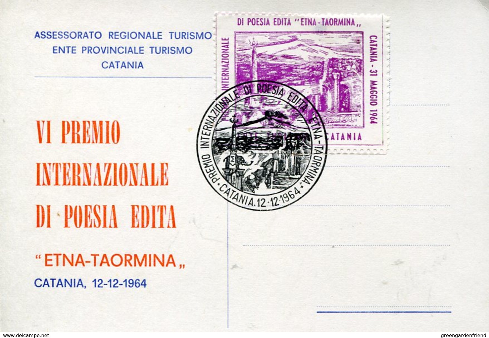 37001 Italia, Special Card And Postmark Catania 1964 VI Premio Poesia Inedita,etna Taormina,poetry Award - Unclassified