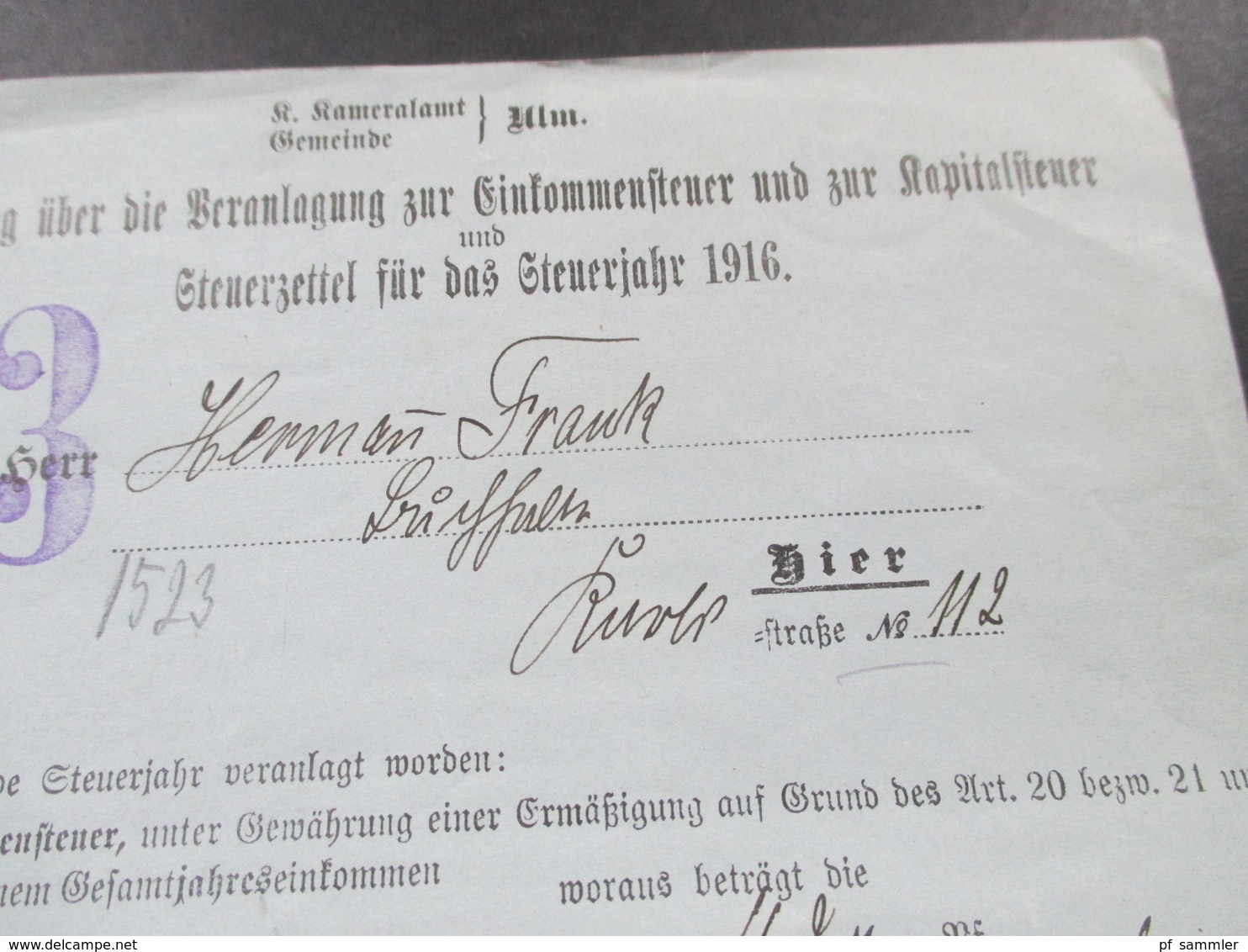 Dokument Deutsches Reich 1916 Mitteilung über Die Veranlagung Der Einkommensteuer Zur Kapitalsteuer / Steuerzettel - Documentos Históricos