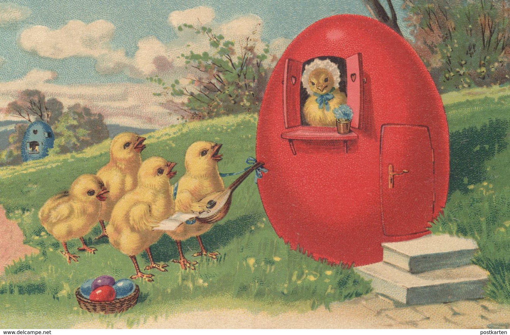 ALTE POSTKARTE EIN FROHES OSTERFEST KÜKEN VERMENSCHLIICHT MUSIKANTEN Ostern Easter Humanised Biggy Chick Egg Postcard - Pasqua