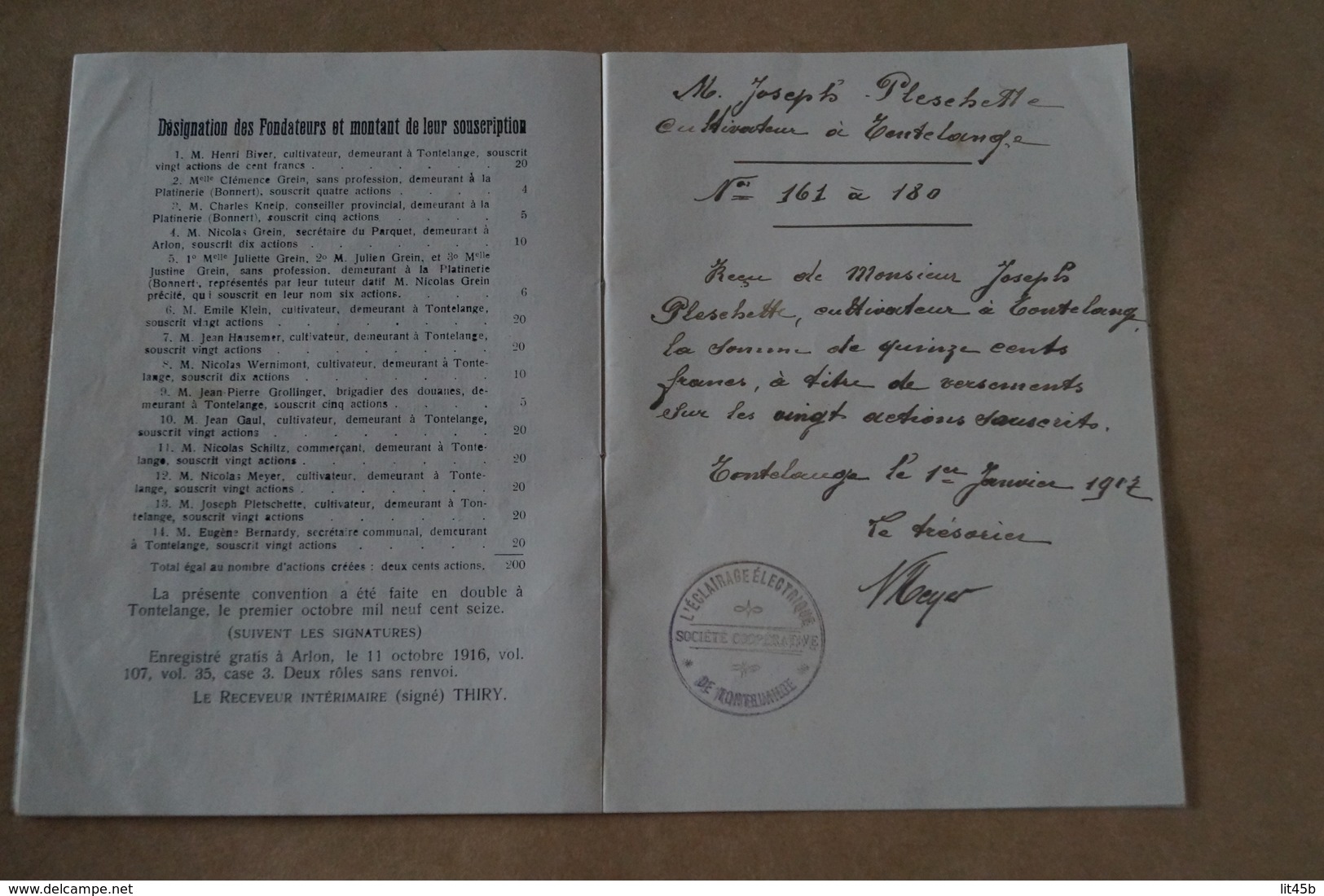 éclairage électrique de Tontelange,avec reçu manuscrit Joseph Pleschette 1917,dimensions 18,5 Cm./13 Cm.