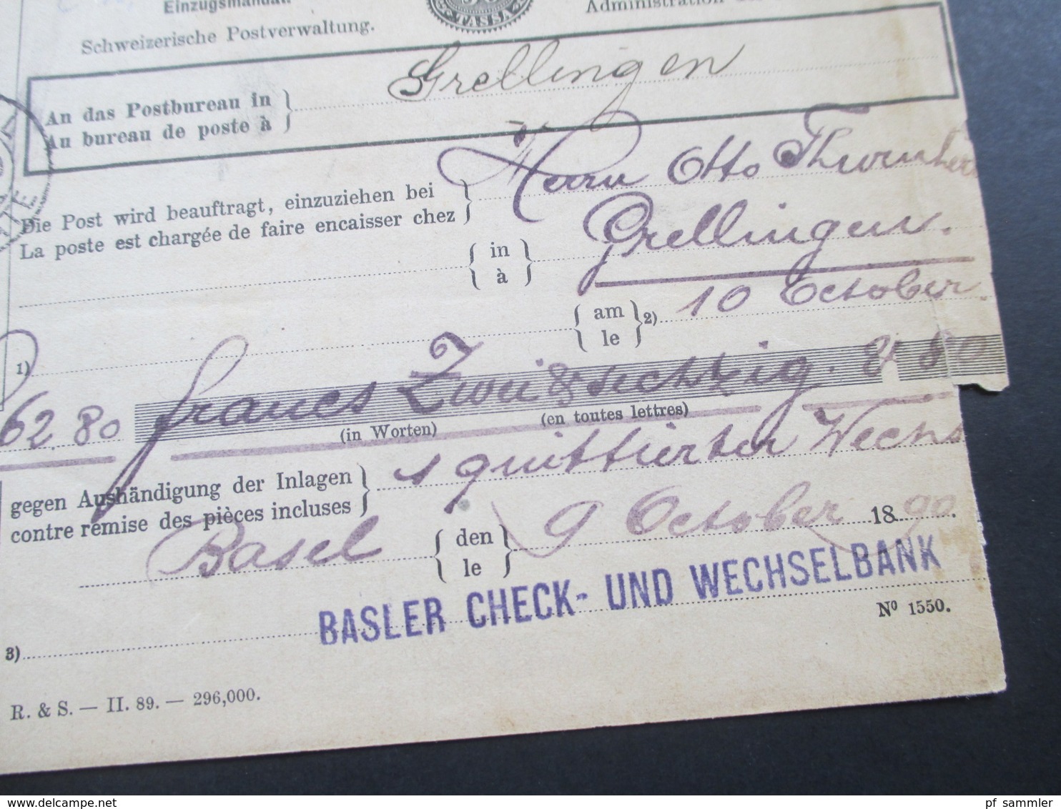 Schweiz 1890 Brief / Charge Einzugsmandat Basler Check Und Wechselbank. Stempel Basel Mandate / Grellingen - Briefe U. Dokumente