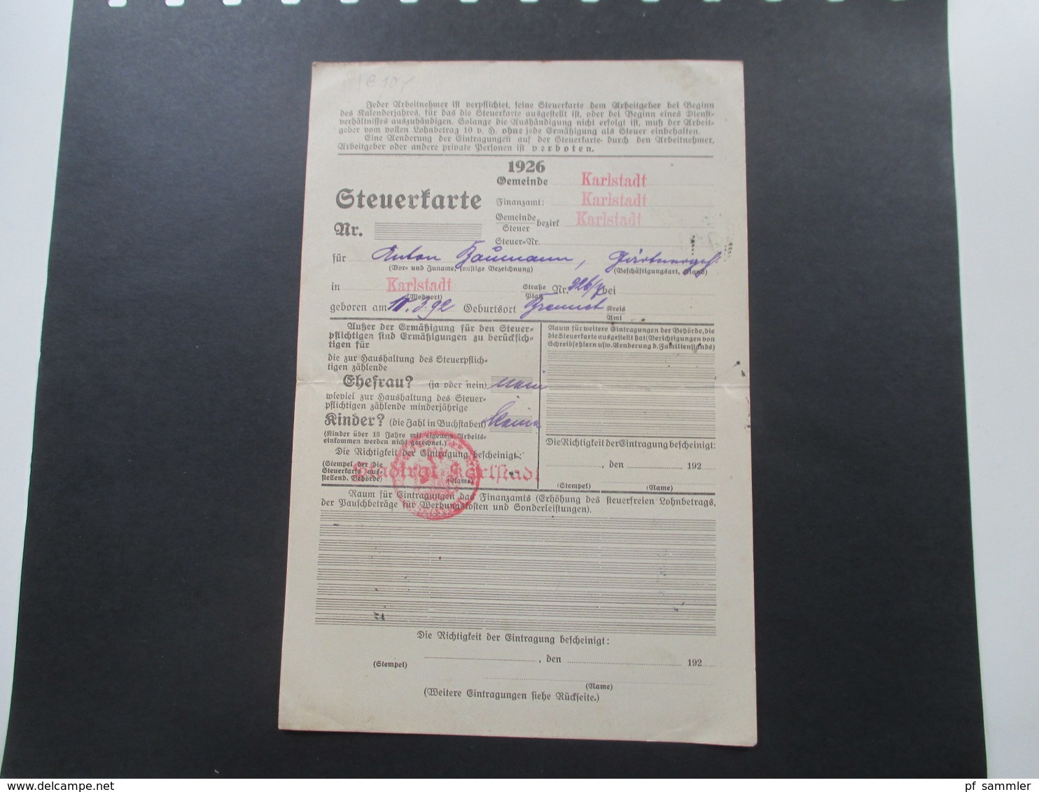 Dokument 1926 Steuerkarte Gemeinde Karlstadt Roter Stempel Des Stadtrates - Historische Dokumente