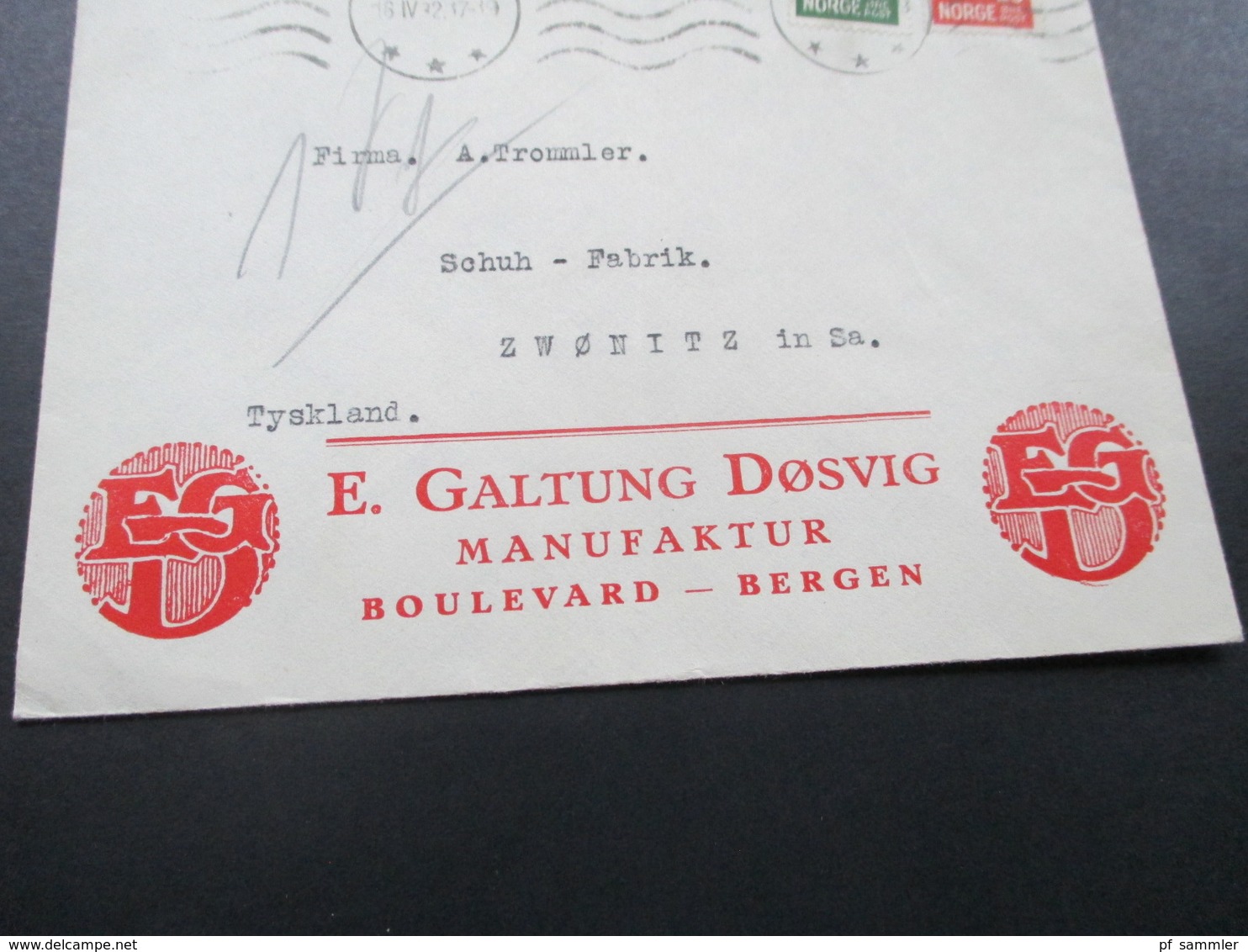 Norwegen 1932 Firmenbrief E. Galtung Dosvig Manufaktur Bergen Nach Zwonitz In Sachsen - Lettres & Documents